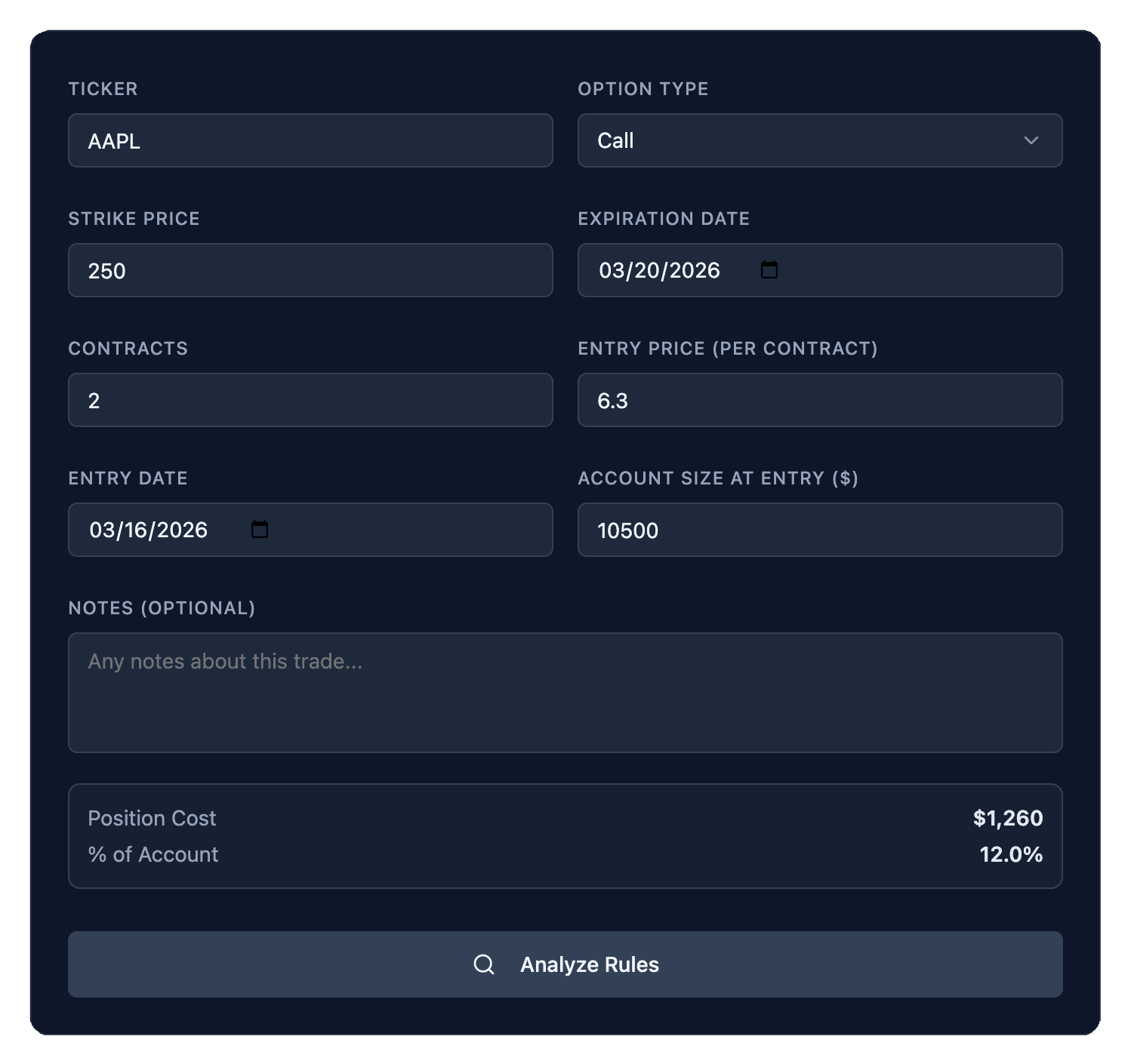 Enter Your Options Trade Details StrikeRule Website
